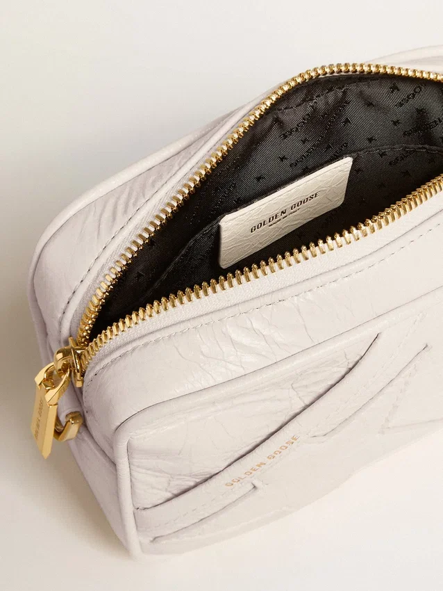 Star Bag mini din piele alb-unt cu stea ton pe ton