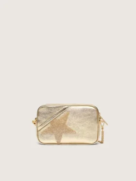 Star Bag mini din piele de culoare platină cu stea Swarovski