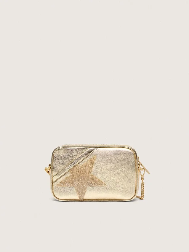 Star Bag mini din piele de culoare platină cu stea Swarovski