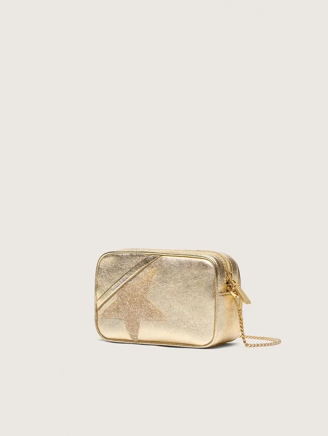 Star Bag mini din piele de culoare platină cu stea Swarovski