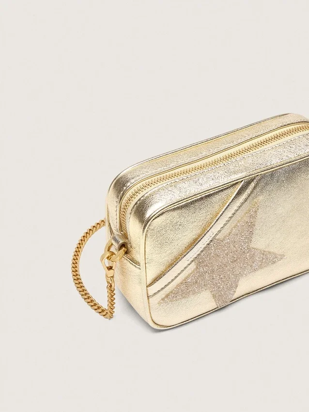 Star Bag mini din piele de culoare platină cu stea Swarovski