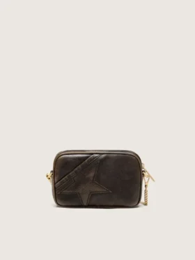 Star Bag mini din piele maro închis cu aspect uzat, cu stea ton pe ton