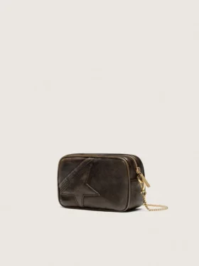 Star Bag mini din piele maro închis cu aspect uzat, cu stea ton pe ton