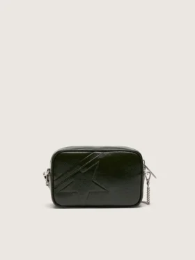 Star Bag mini din piele neagră cu stea ton pe ton