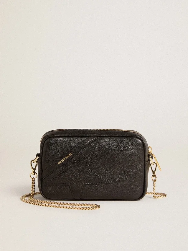 Star Bag mini din piele neagră cu stea ton pe ton