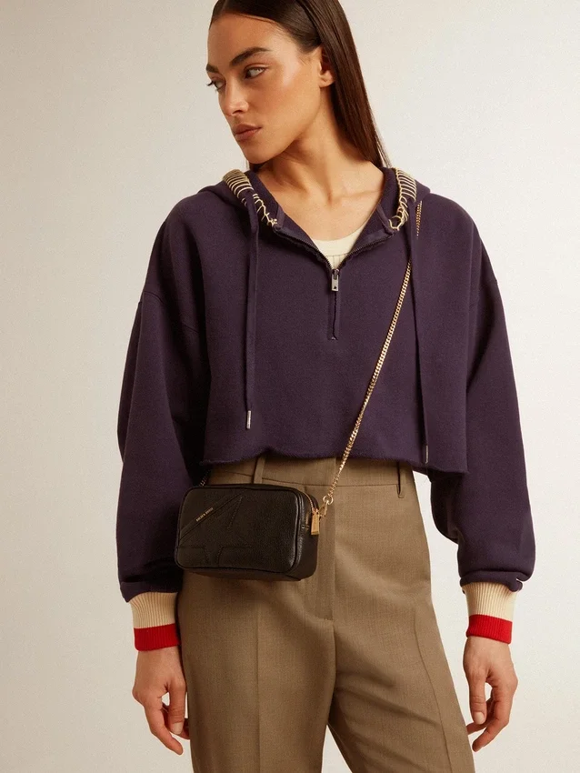 Star Bag mini din piele neagră cu stea ton pe ton