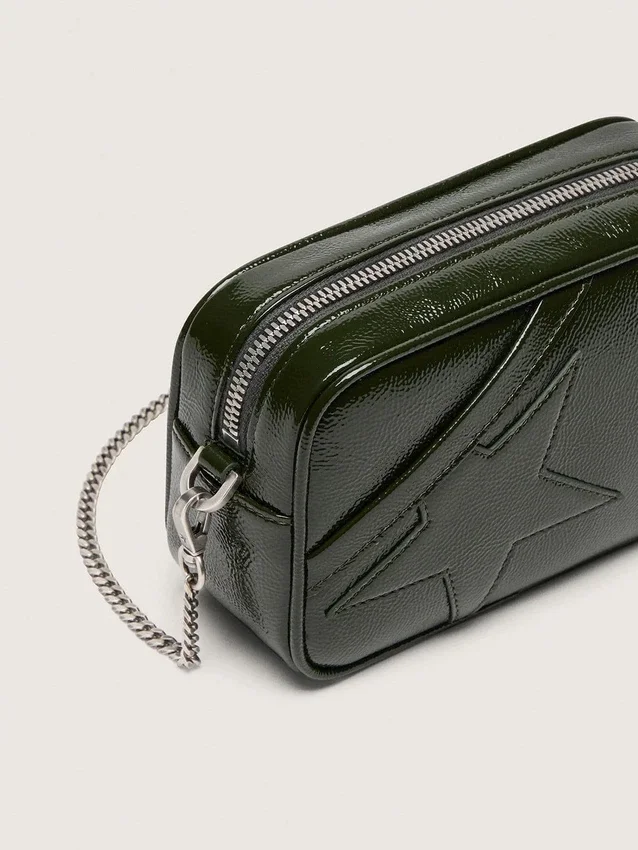Star Bag mini din piele neagră cu stea ton pe ton