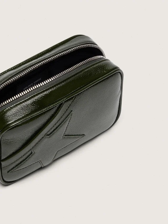 Star Bag mini din piele neagră cu stea ton pe ton