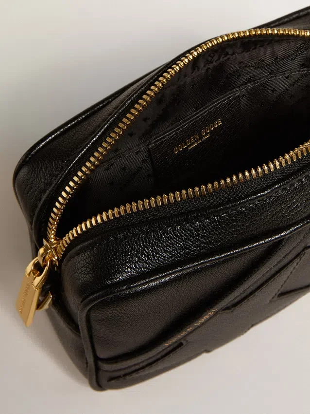 Star Bag mini din piele neagră cu stea ton pe ton