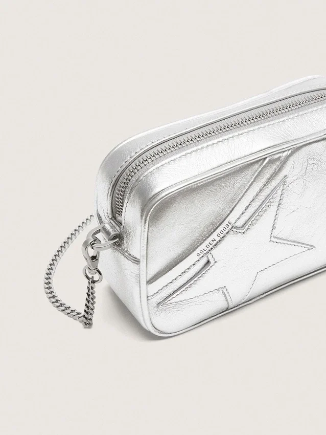 Star Bag pentru femei din piele laminată argintie cu stea ton pe ton