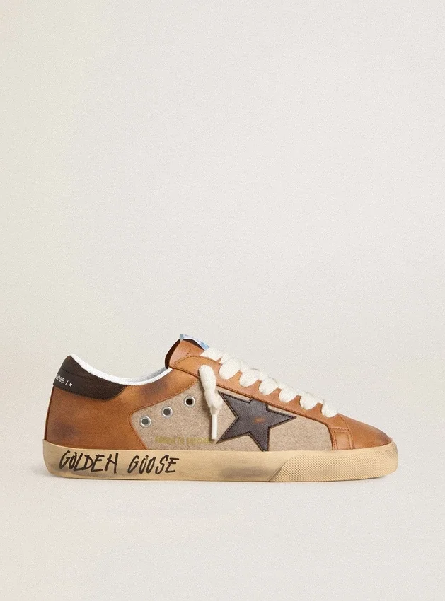 Super-Star LTD pentru bărbați din lână bej, cu stea din piele maro și inserții de culoare camel