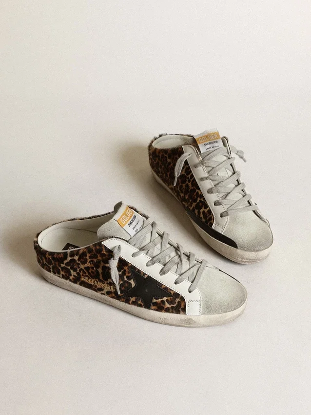 Super-Star Sabot pentru femei din piele de ponei cu imprimeu leopard și stea neagră