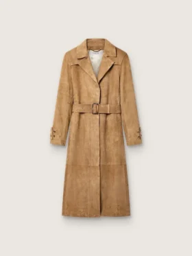 Trench pentru femei cu curele, din piele de căprioară de culoare nisip