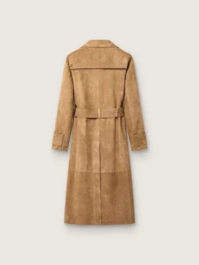Trench pentru femei cu curele, din piele de căprioară de culoare nisip