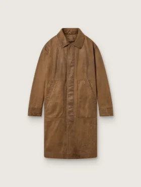 Trench unisex din twill cerat maro cu detalii din piele