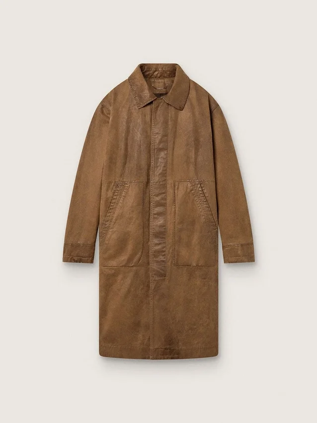Trench unisex din twill cerat maro cu detalii din piele