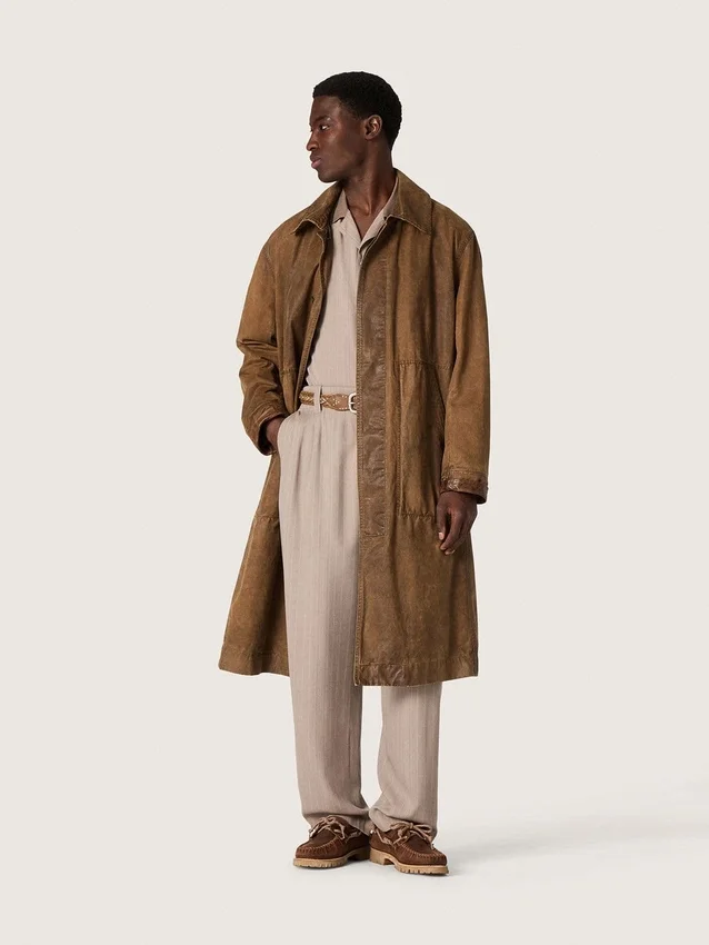 Trench unisex din twill cerat maro cu detalii din piele