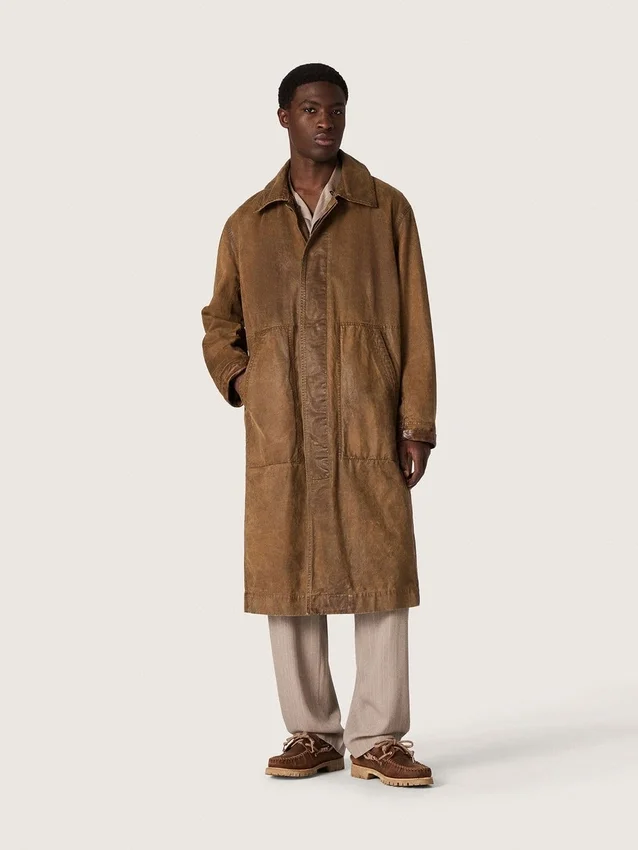 Trench unisex din twill cerat maro cu detalii din piele