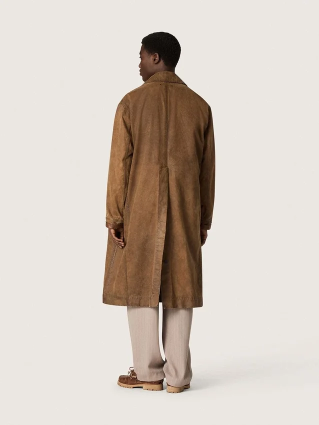 Trench unisex din twill cerat maro cu detalii din piele