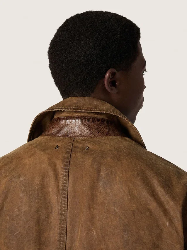 Trench unisex din twill cerat maro cu detalii din piele