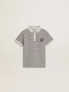 Tricou polo alb din bumbac pentru băieți, cu dungi albastru închis și broderie