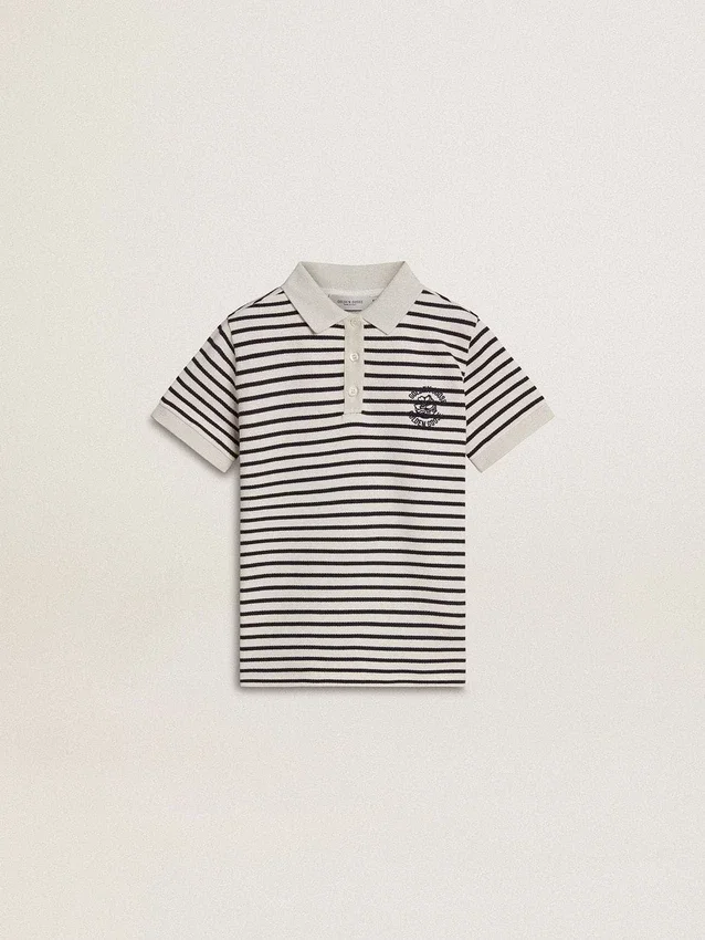 Tricou polo alb din bumbac pentru băieți, cu dungi albastru închis și broderie