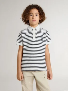 Tricou polo alb din bumbac pentru băieți, cu dungi albastru închis și broderie