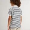 Tricou polo alb din bumbac pentru băieți, cu dungi albastru închis și broderie