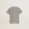 Tricou polo alb din bumbac pentru băieți, cu dungi albastru închis și broderie
