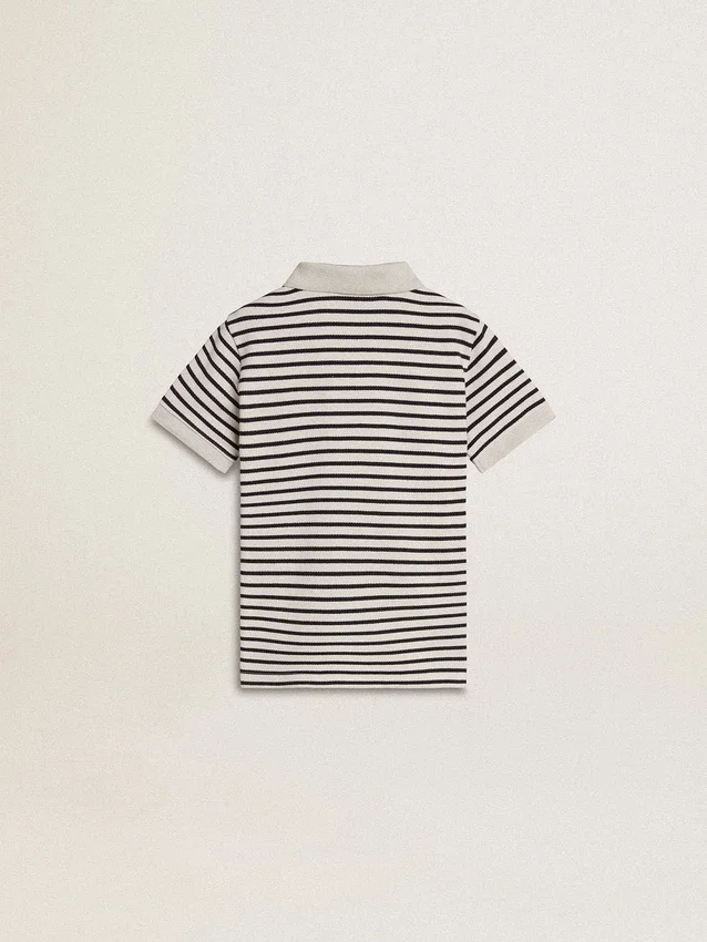 Tricou polo alb din bumbac pentru băieți, cu dungi albastru închis și broderie