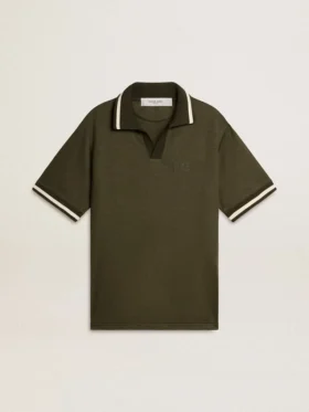 Tricou polo pentru bărbați din jersey verde militar, cu broderie