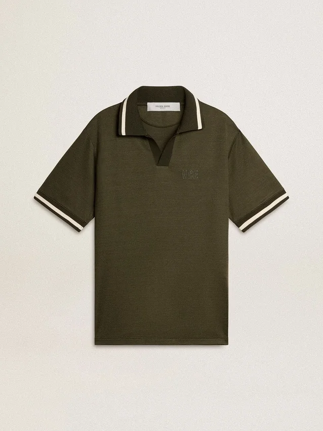 Tricou polo pentru bărbați din jersey verde militar, cu broderie