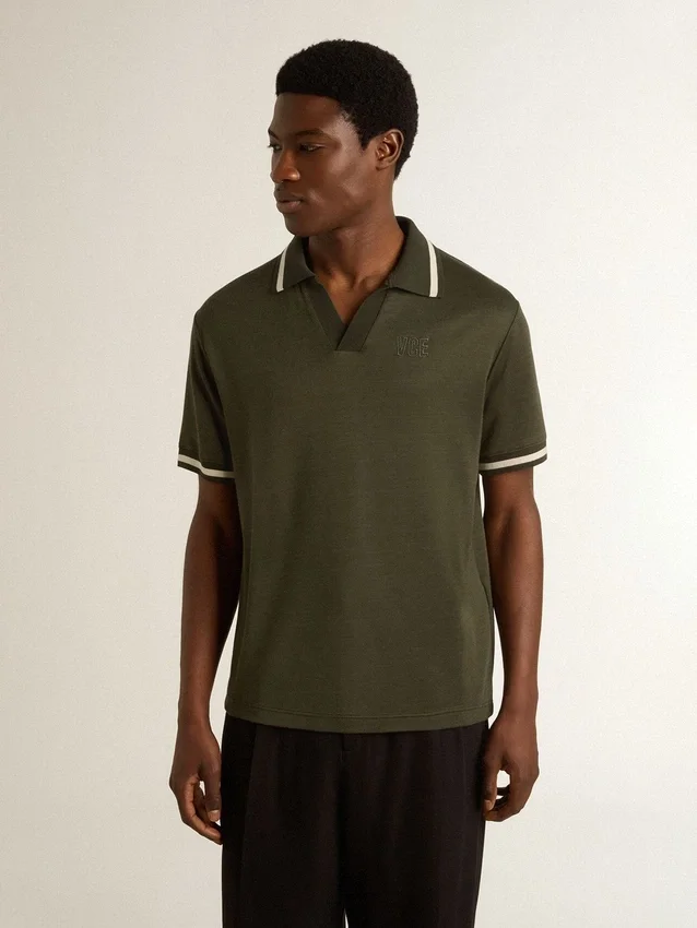 Tricou polo pentru bărbați din jersey verde militar, cu broderie