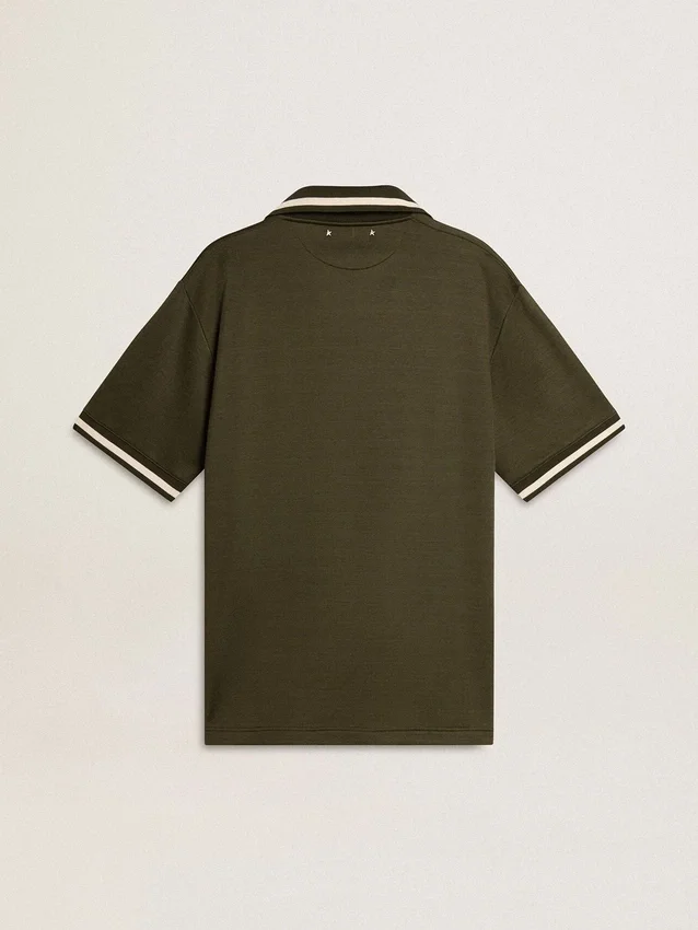 Tricou polo pentru bărbați din jersey verde militar, cu broderie