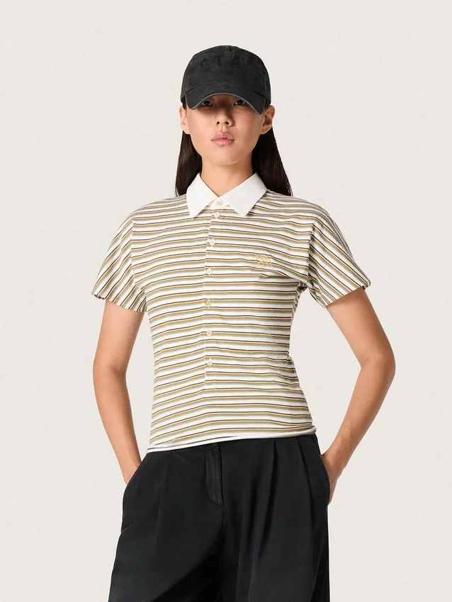 Tricou polo pentru femei din jersey cu dungi și guler în contrast