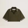 Tricou polo scurt pentru femei din jersey verde militar cu broderie