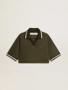 Tricou polo scurt pentru femei din jersey verde militar cu broderie