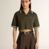 Tricou polo scurt pentru femei din jersey verde militar cu broderie