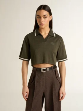 Tricou polo scurt pentru femei din jersey verde militar cu broderie
