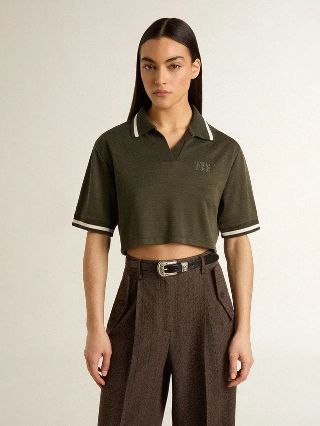 Tricou polo scurt pentru femei din jersey verde militar cu broderie