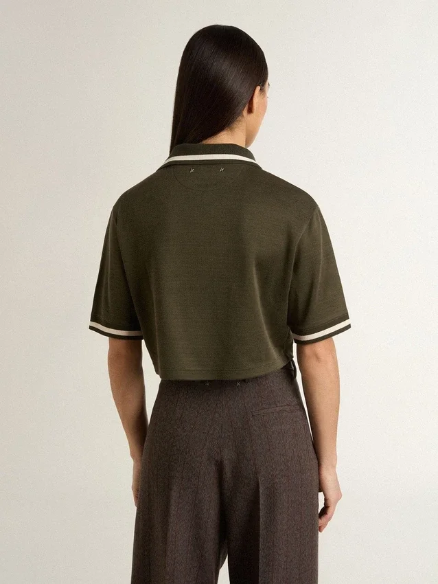 Tricou polo scurt pentru femei din jersey verde militar cu broderie