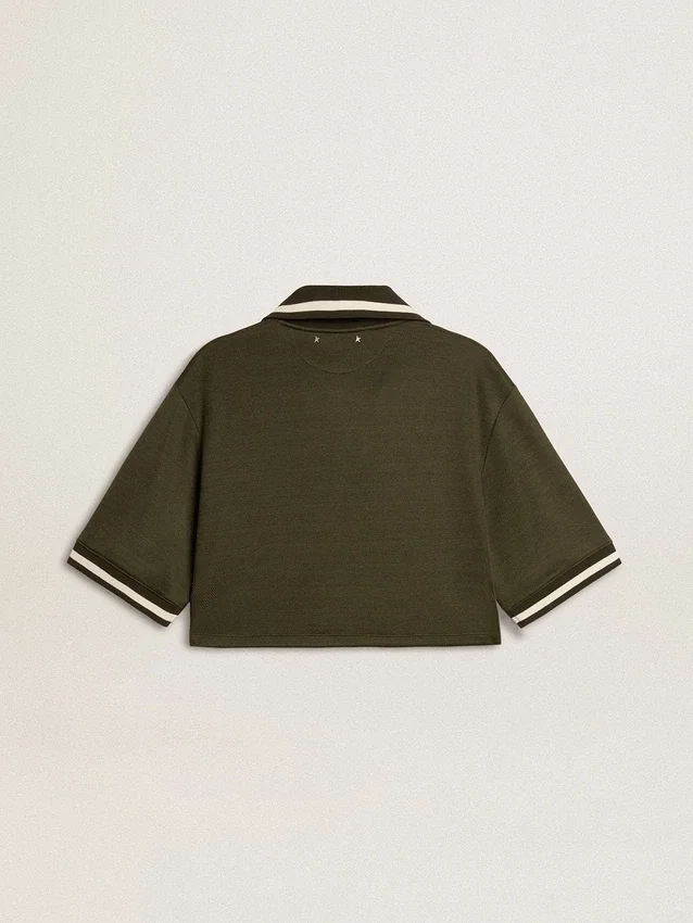 Tricou polo scurt pentru femei din jersey verde militar cu broderie