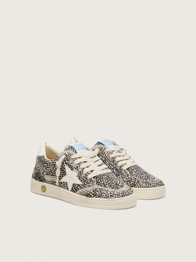 Young Ball Star din piele de ponei cu imprimeu leopard alb-negru și stea din piele crem