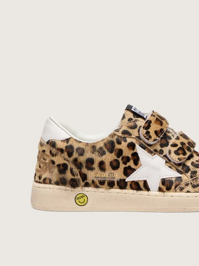 Young Ball Star din piele de ponei cu imprimeu leopard, cu stea din piele albă și bandă la călcâi